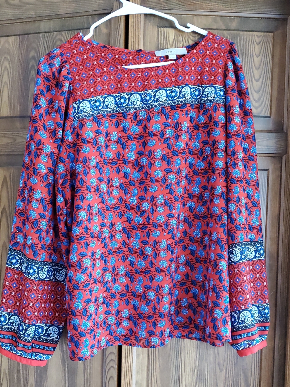 LOFT Red Floral Long Sleeve Boho Blouse with Blue Trim